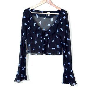 Y2K Butterfly Sheer Chiffon Cropped Top Bell Sleeves Ruffle Collar Cardigan